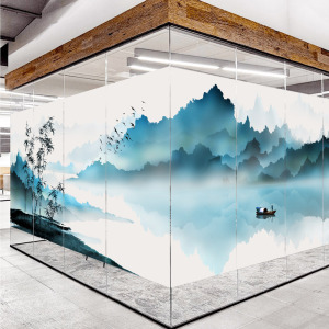 定制中国风山水画加厚静电磨砂玻璃贴纸防窥视办公室窗户隔断贴膜