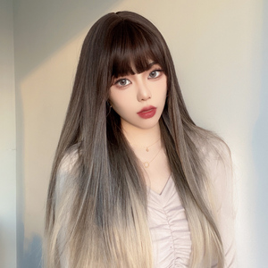 棕渐变白金假发女长发jk长直发日常欧美酷网红潮彩色lolita全头套