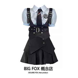 BIG FOX 兔子警官套装女夏jk制服小众灰蓝色衬衫马甲百褶裙三件套