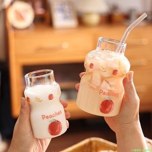 养乐多水杯吃个桃子原创印花玻璃杯耐热玻璃杯子 ins饮料杯牛奶杯