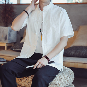 中国风棉麻短袖衬衫男复古唐装夏季宽松大码盘扣亚麻五分袖衬衣潮