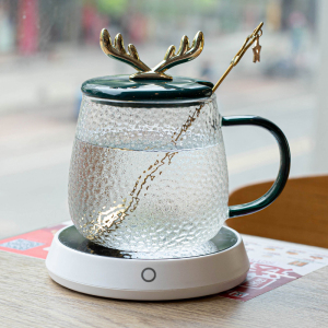 55度恒温杯暖暖玻璃杯带盖勺创意带把手水杯高硼硅加热杯子ins风