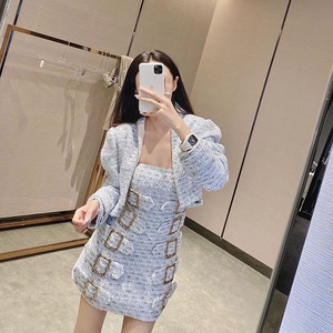 w蓝色小香风双排扣短外套抹胸裙套装女秋冬新款