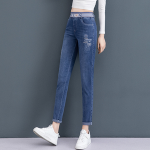 声雨竹女装清仓折扣2022春装新款女裤松紧腰弹力小脚牛仔裤女显瘦