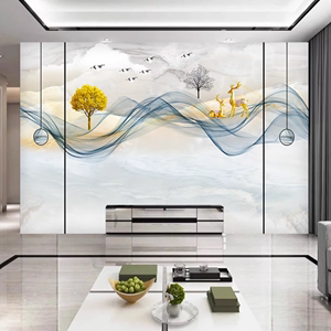 8d新中式竹木纤维板电视背景水墨山水护墙板抽象线条装饰集成墙板
