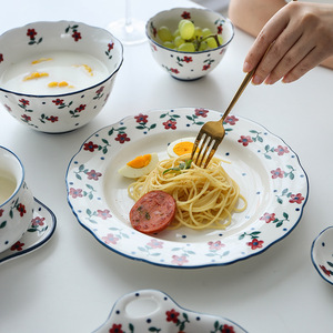 家用新中式釉下彩小红花陶瓷餐具米饭碗汤面碗菜盘子马克杯甜品盘