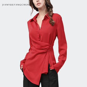 欧货不规则衬衫收腰显瘦春装遮肚子气质雪纺衬衣女中长款红色上衣
