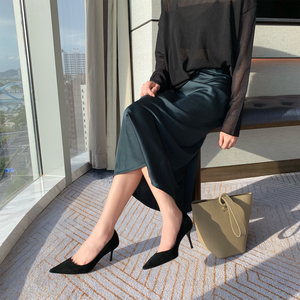 狂人宇新款真皮尖头浅口细跟高跟鞋女鞋黑色百搭中跟职业工作单鞋