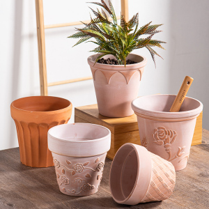 简约雾化白复古陶土花盆透气浮雕做旧绿植物庭院吸水粗陶盆器带托