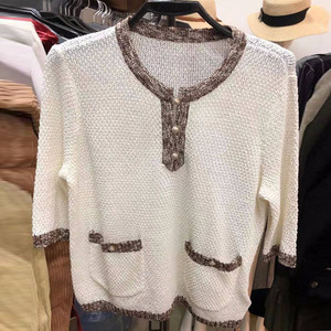 2021年阿玛施新特旗舰店官网春款女装时尚五分袖香风亚麻针织衫