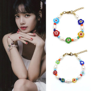 blackpinklisa同款彩色琉璃花朵珍珠手链糖果色可爱闺蜜七彩手串