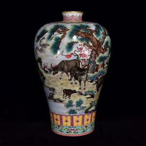 大清雍正年制粉彩五牛图梅瓶 古玩古董海外回流明清官窑瓷器陶瓷