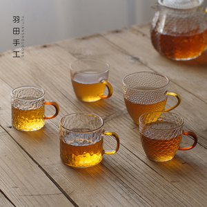羽田日式锤纹玻璃茶杯小杯子带把透明家用功夫茶品茗杯单杯主人杯