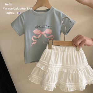 女童套装2024夏季韩范新款儿童洋气蝴蝶结短袖褶皱裙子两件套时髦