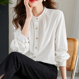 中式刺绣白衬衫女长袖春装新款设计感民族风绣花上衣纯棉衬衣