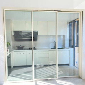 白色窄边三联动移门钛合金厨房客厅阳台连推拉门隔断玻璃无下吊轨