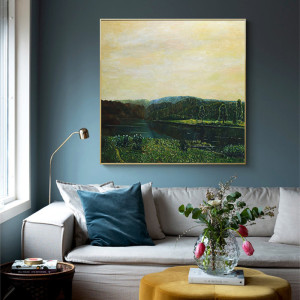 纯手绘俄罗斯风景山水油画复古现代正方形办公书房客厅玄关装饰画