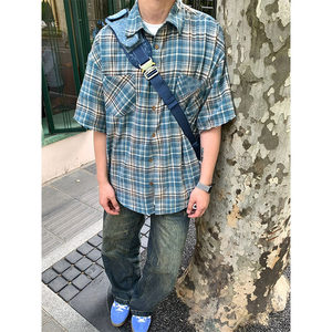 cleanfit蓝色格子衬衫男夏季美式复古翻领短袖高级感潮牌廓形外套