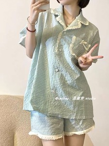 韩国ins简约格子睡衣女夏季短袖短裤甜美蕾丝花边薄款家居服套装