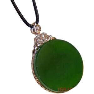 原创设计 和田碧玉圆牌吊坠18k金镶嵌天然菠菜绿黄金宝石挂坠女式