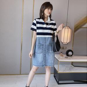 条纹连体牛仔裙