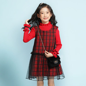 女童毛衣套装连衣裙秋冬款中大童红色毛呢格子背心裙两件套网纱裙