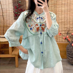 中国风苎麻刺绣上衣女夏款改良汉服中式盘扣小衫原创唐装亚麻衬衫