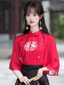 马面裙搭配的上衣红色短袖立领对襟衬衫新中式国风刺绣衬衣女夏季