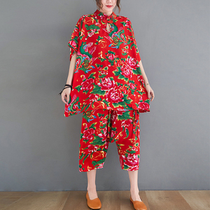 东北大花布衣服女村姑老花布民族风大码女装200斤套装裤子中国风