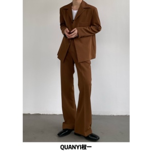 韩版ins小众设计感休闲西装外套男棕色高级垫肩廓形西服套装潮流