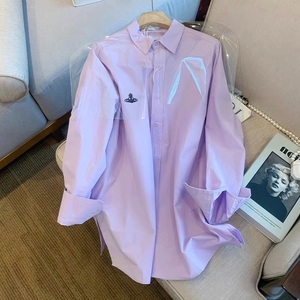 广州十三行爆款女装！衬衫女秋季新款韩版紫色polo领外穿长袖衬衣