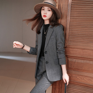 羊毛西装外套女秋冬季2022新款加厚职业正装毛呢女士灰色西服套装