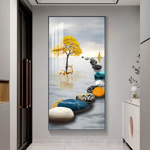 现代简约入户门正对墙挂画玄关走廊过道装饰画石头时来运转壁招财