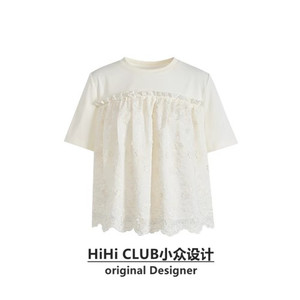 HiHi米白色拼接蕾丝T恤2024春夏季新款女花朵短袖娃娃衫衬衫上衣