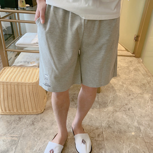 运动风纯棉华夫格睡裤男士夏季薄款大码裤衩5分裤短裤可外穿韩版