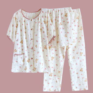 纯棉纱布月子服三件套夏季薄款透气吸汗孕妇睡衣产后哺乳期喂奶衣