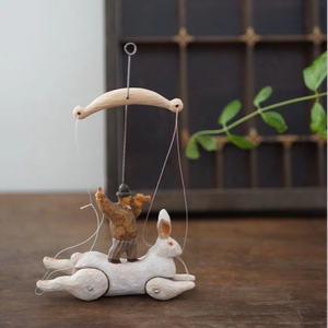 日本木工作家牛平安代 精美手作雕刻动物白兔飞马人提线木偶