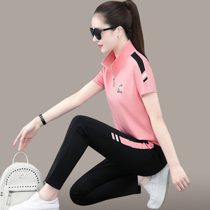 短袖长裤运动服套装女夏季2022新款洋气减龄立领时尚休闲两件套潮