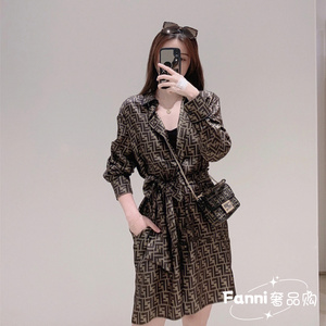 FENDI/芬迪 24新款春夏双F字母满LOGO真丝系带女装长袖衬衫连衣裙