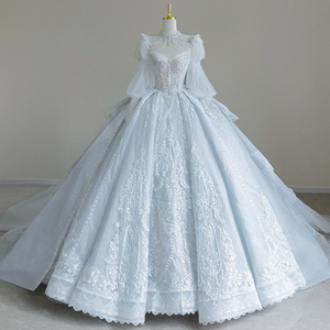 法式蓝色婚纱裙2024新款新娘重工奢华大拖尾宫廷风主纱在逃公主女