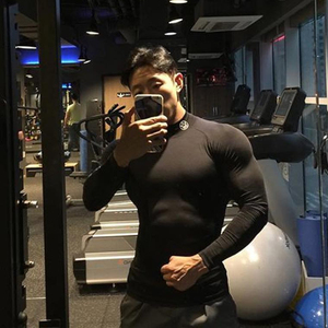 速干吸汗t恤黑色篮球紧身衣肌肉男运动健身衣跑步高领长袖训练服
