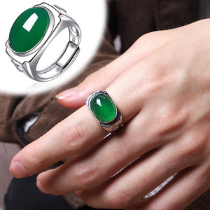 天然绿玉髓高级感男士款戒指环开口玛瑙绿宝石翡翠色S925纯银镶嵌