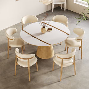 奶油风白蜡木岩板伸缩餐桌北欧实木折叠小户型餐台方变圆两用饭桌