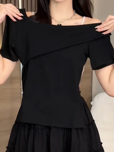 今年新款黑色露肩短袖T恤女夏季纯色韩版高级时尚修身网红上衣潮