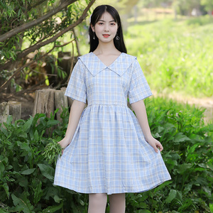 少女连衣裙2022夏新款学院风17岁女孩裙子初高中学生海军领格子裙