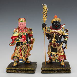 香樟木神像10寸关平周仓关公关圣帝君左右护法神手工彩绘贴金26cm