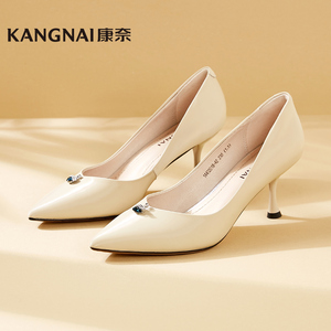 康奈真皮高跟鞋女法式尖头2020春季新款气质职业皮鞋浅口时尚镭射
