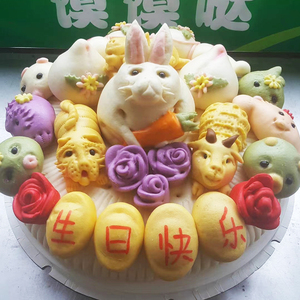 1741 儿童生日快乐馒头寿桃花馍手工生肖山东威海岚宝喜事花饽饽