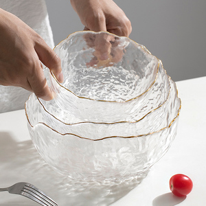 北欧进口日式透明玻璃碗碟套装家用轻奢金边水果盘网红水晶沙拉碗