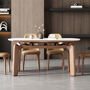 大象腿岩板伸缩餐桌椅组合家用小户型实木折叠方变圆形吃饭桌子